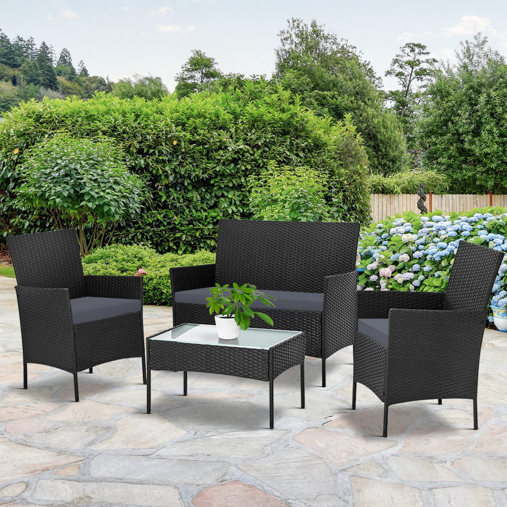 Gardeon 4 Seater Outdoor Sofa Set Wicker Setting Table Chair Furniture - Black - Cosy Abode
