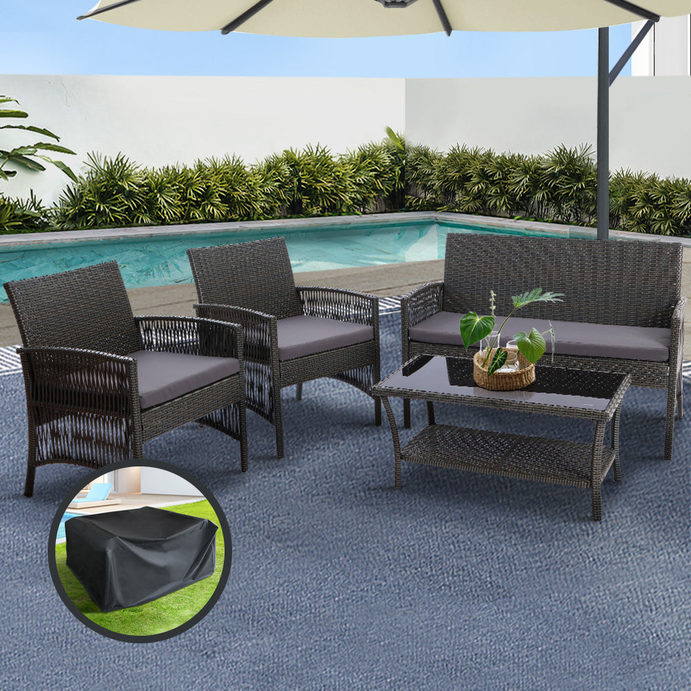 Gardeon 4 Pc Outdoor Wicker Furniture Setting with Glass Top Table & Storage Cover - Grey - Cosy Abode