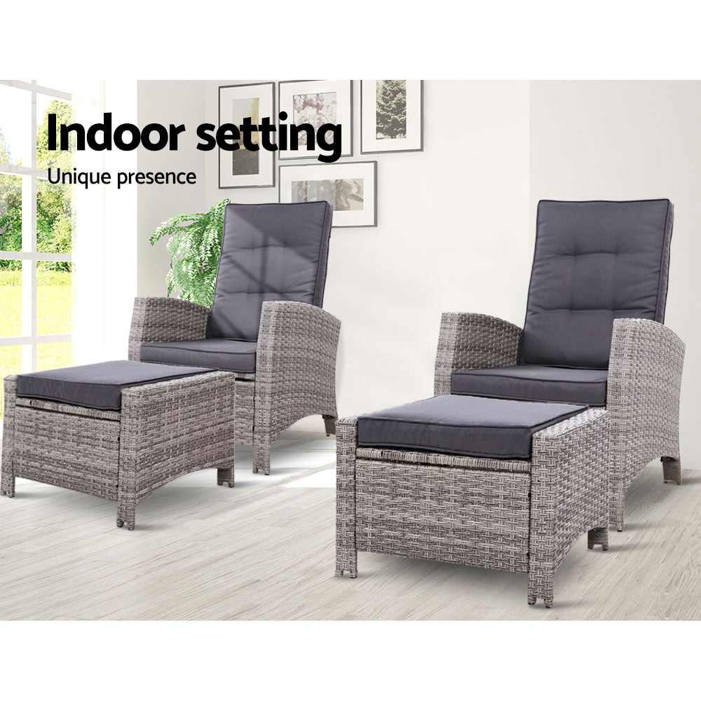 Gardeon 2PC Recliner Chairs Sun lounge Wicker Lounger Outdoor Furniture Adjustable Grey - Cosy Abode
