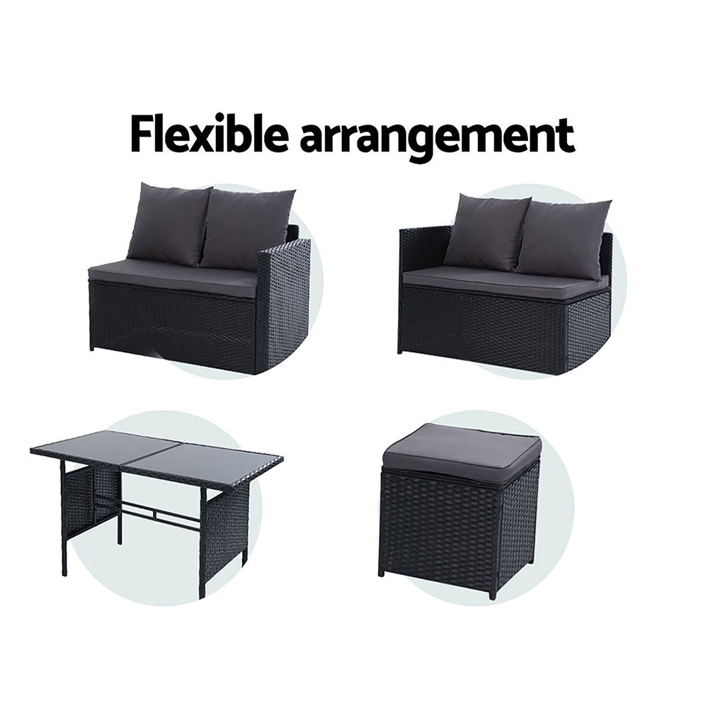 Gardeon Outdoor Dining Set Sofa Lounge Setting Chairs Table Ottoman Black Cover - Cosy Abode