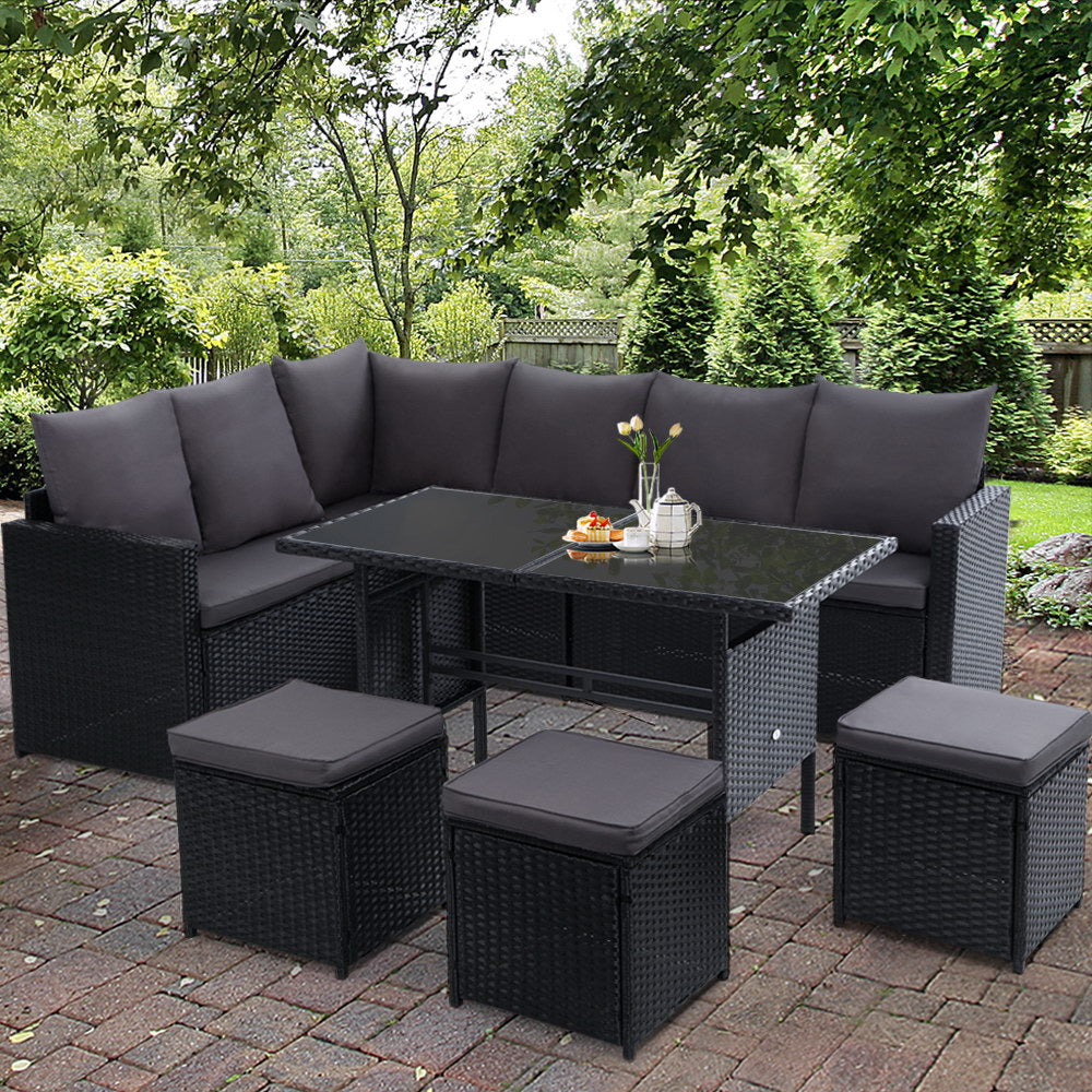 Gardeon Outdoor Dining Set Sofa Lounge Setting Chairs Table Ottoman Black Cover - Cosy Abode