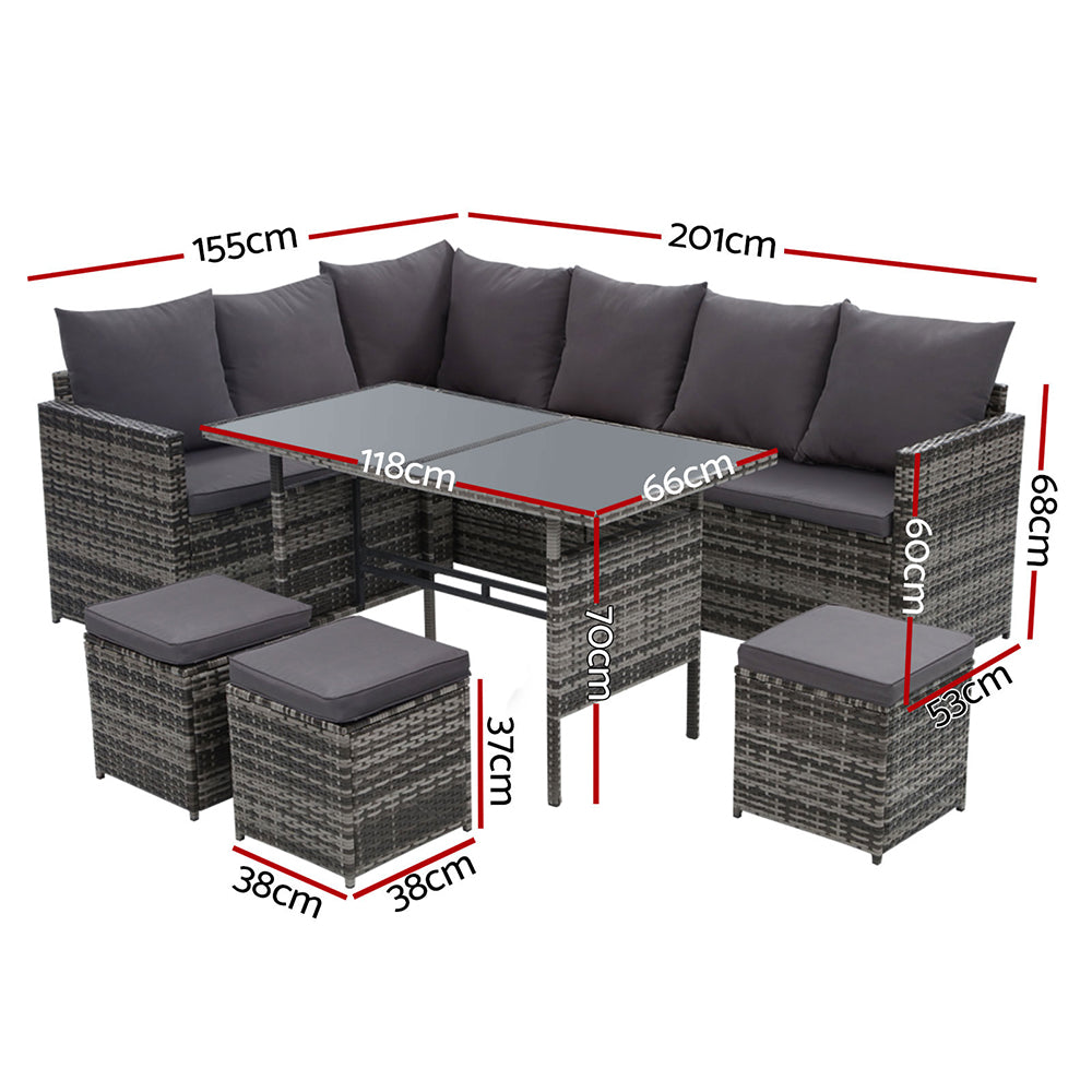 Gardeon Outdoor Furniture Dining Setting Sofa Set Lounge Wicker 9 Seater Mixed Grey - Cosy Abode