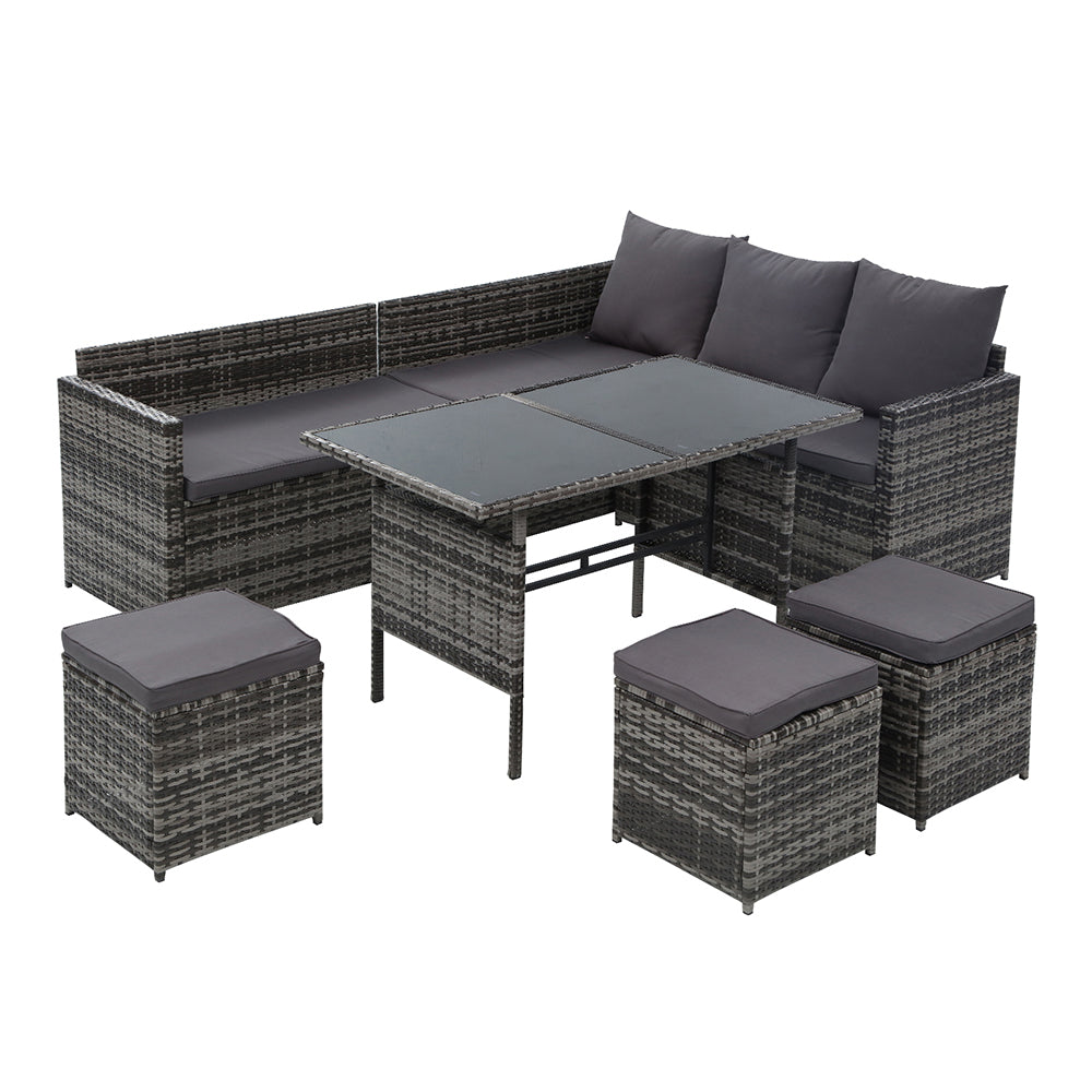 Gardeon Outdoor Dining Set Sofa Lounge Setting Chairs Table Ottoman Grey Cover - Cosy Abode