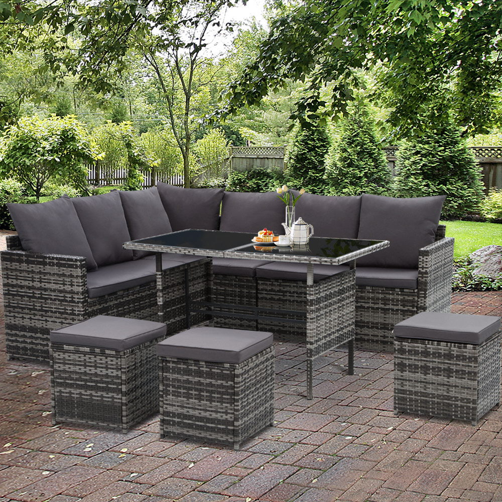 Gardeon Outdoor Dining Set Sofa Lounge Setting Chairs Table Ottoman Grey Cover - Cosy Abode