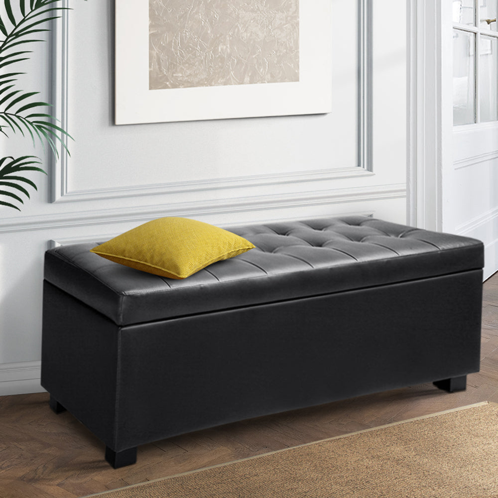 Artiss Storage Ottoman Blanket Box 97cm Leather Black - Cosy Abode