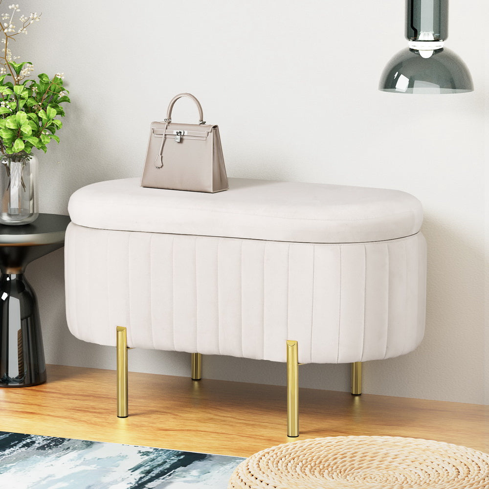 Artiss Storage Ottoman Blanket Box 87cm Velvet Oval White - Cosy Abode