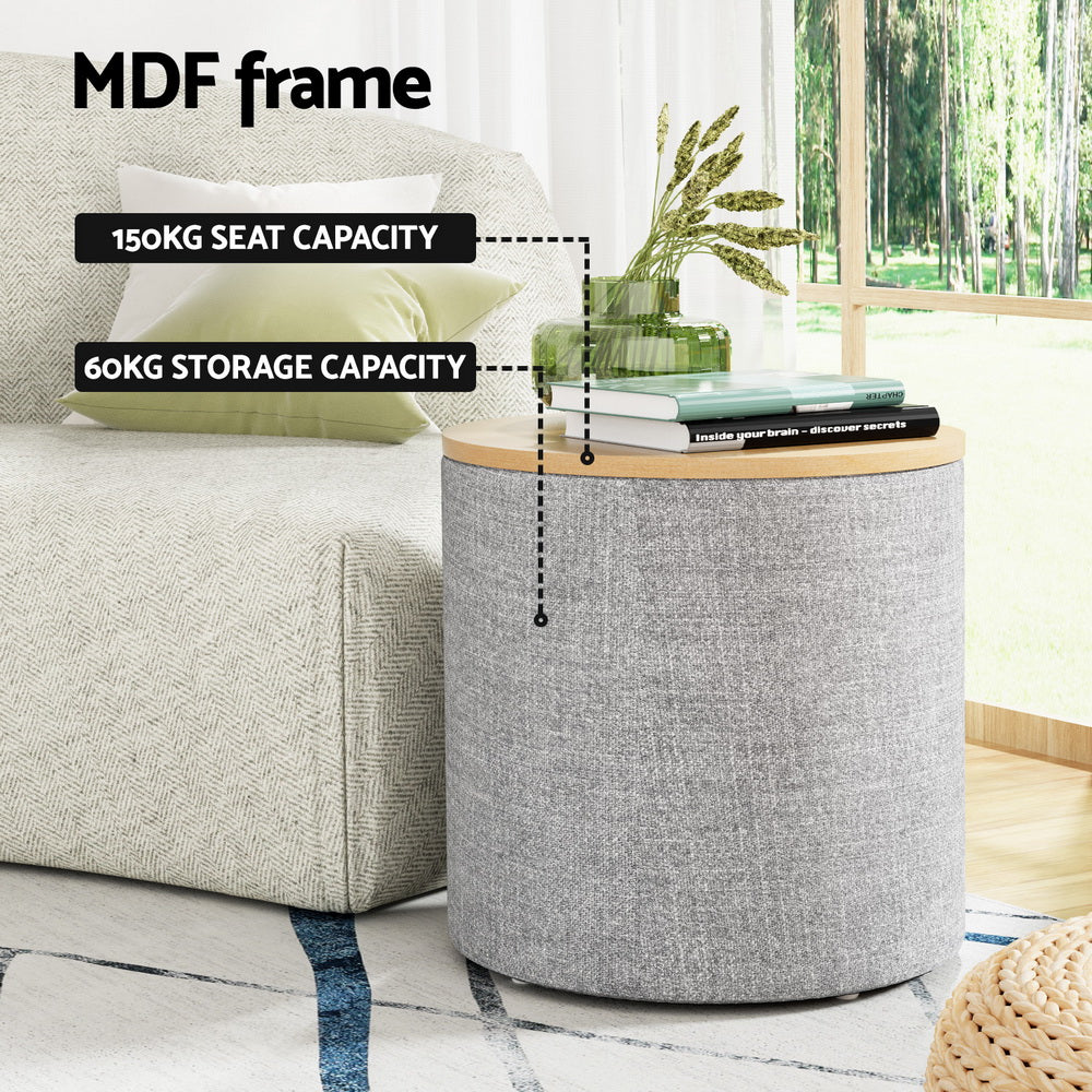 Artiss Storage Ottoman Blanket Box 40cm Linen Round Grey - Cosy Abode