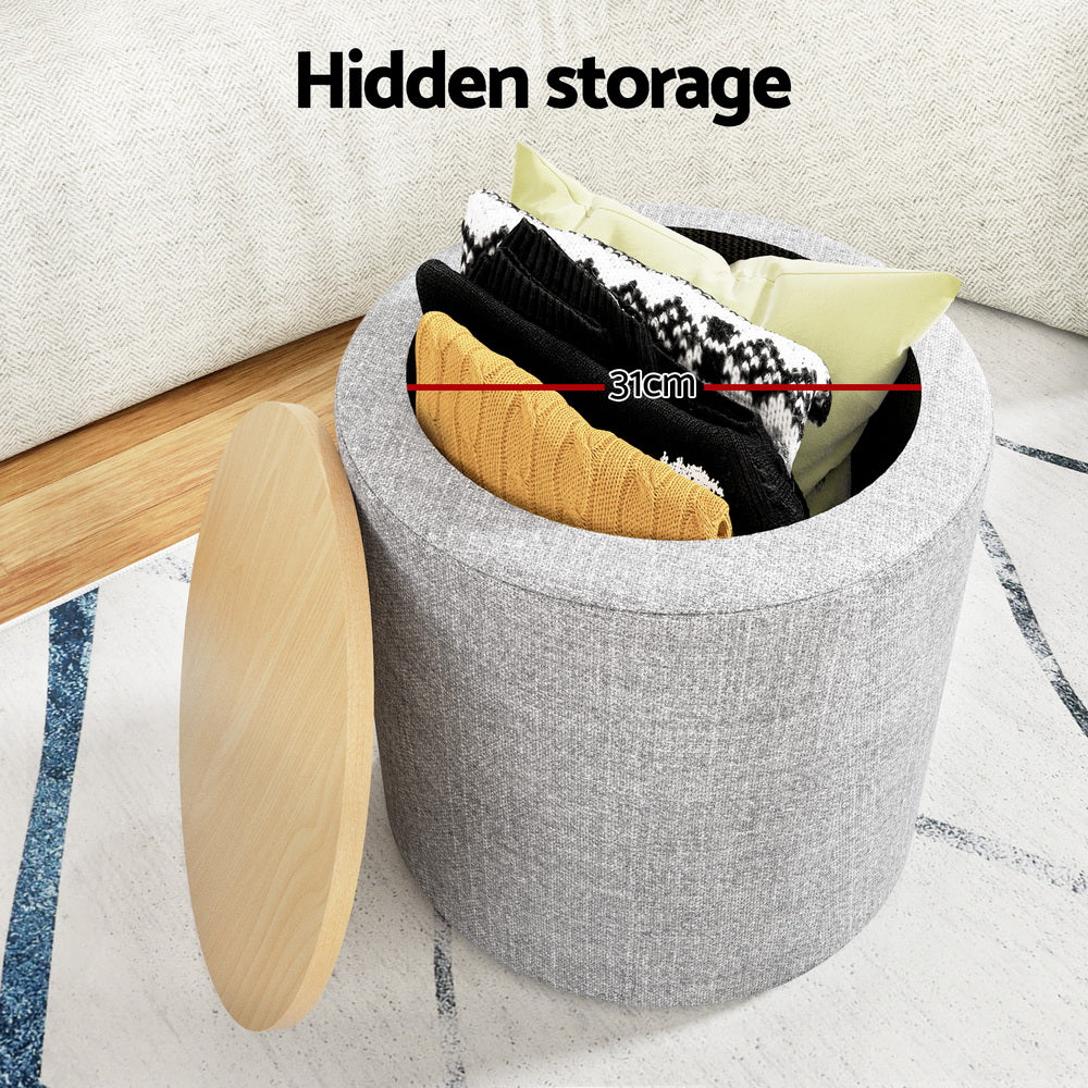 Artiss Storage Ottoman Blanket Box 40cm Linen Round Grey - Cosy Abode