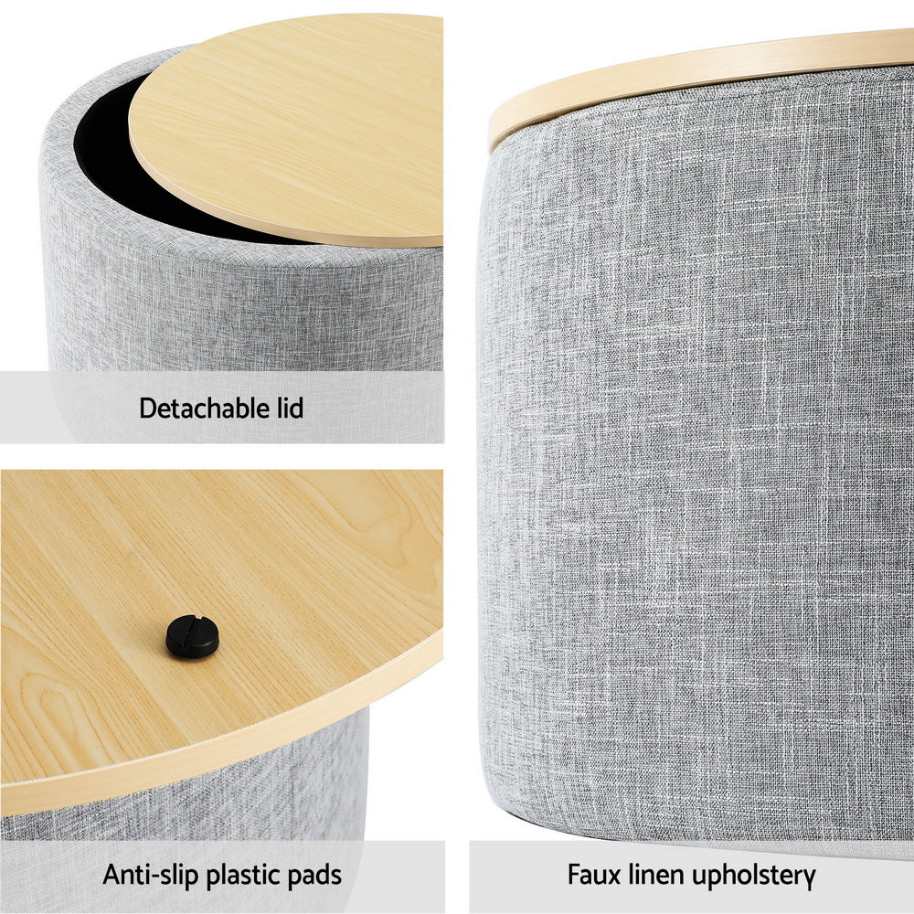 Artiss Storage Ottoman Blanket Box 40cm Linen Round Grey - Cosy Abode