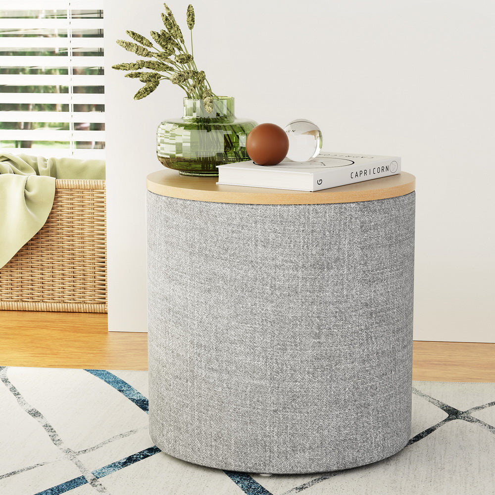 Artiss Storage Ottoman Blanket Box 40cm Linen Round Grey - Cosy Abode