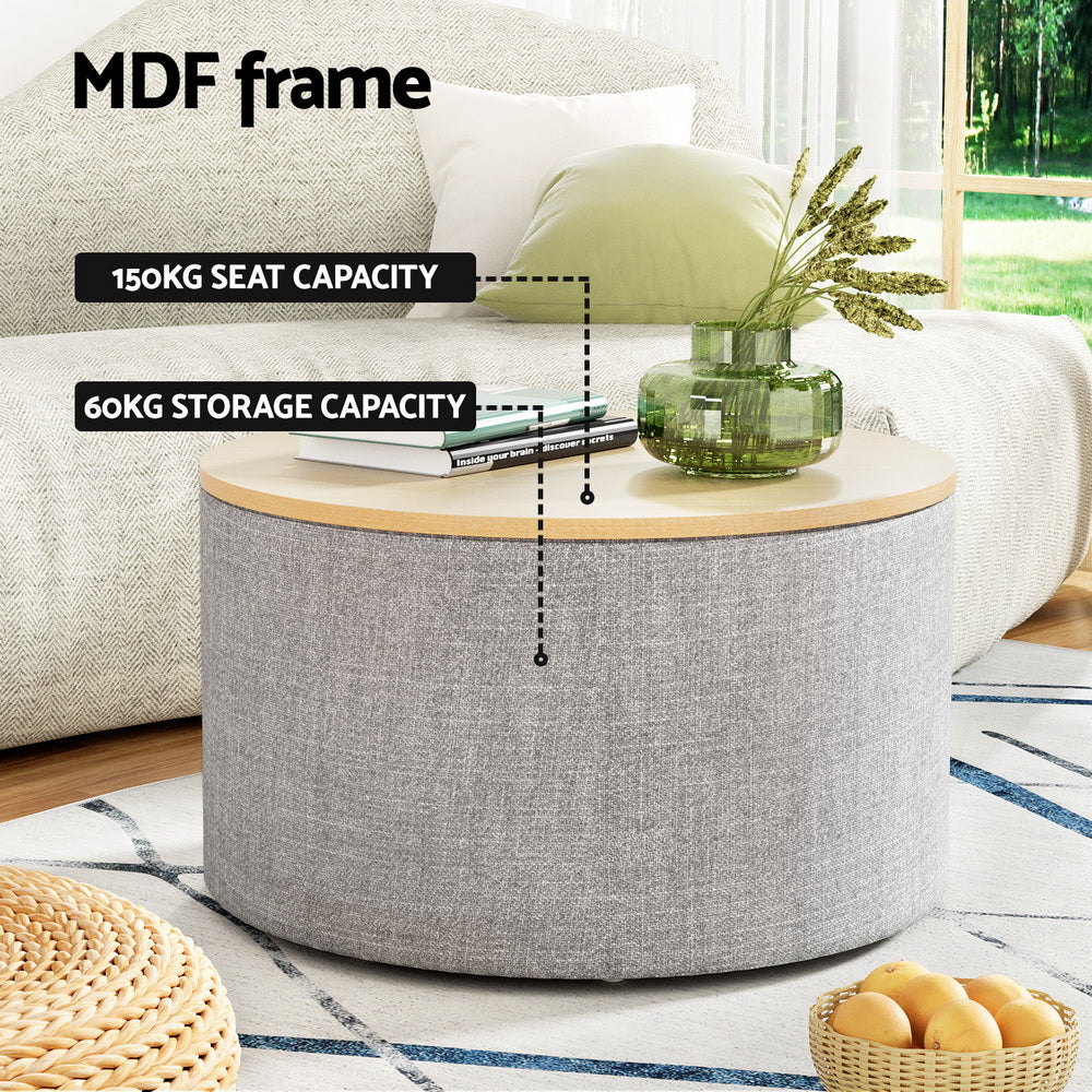 Artiss Storage Ottoman Blanket Box 60cm Linen Round Grey - Cosy Abode