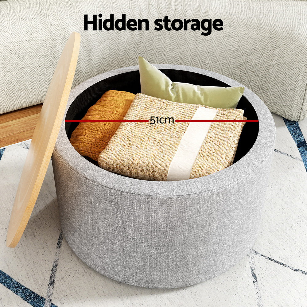 Artiss Storage Ottoman Blanket Box 60cm Linen Round Grey - Cosy Abode