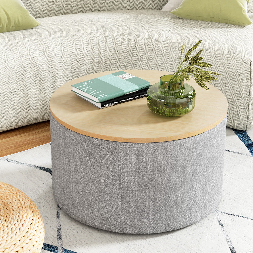 Artiss Storage Ottoman Blanket Box 60cm Linen Round Grey - Cosy Abode