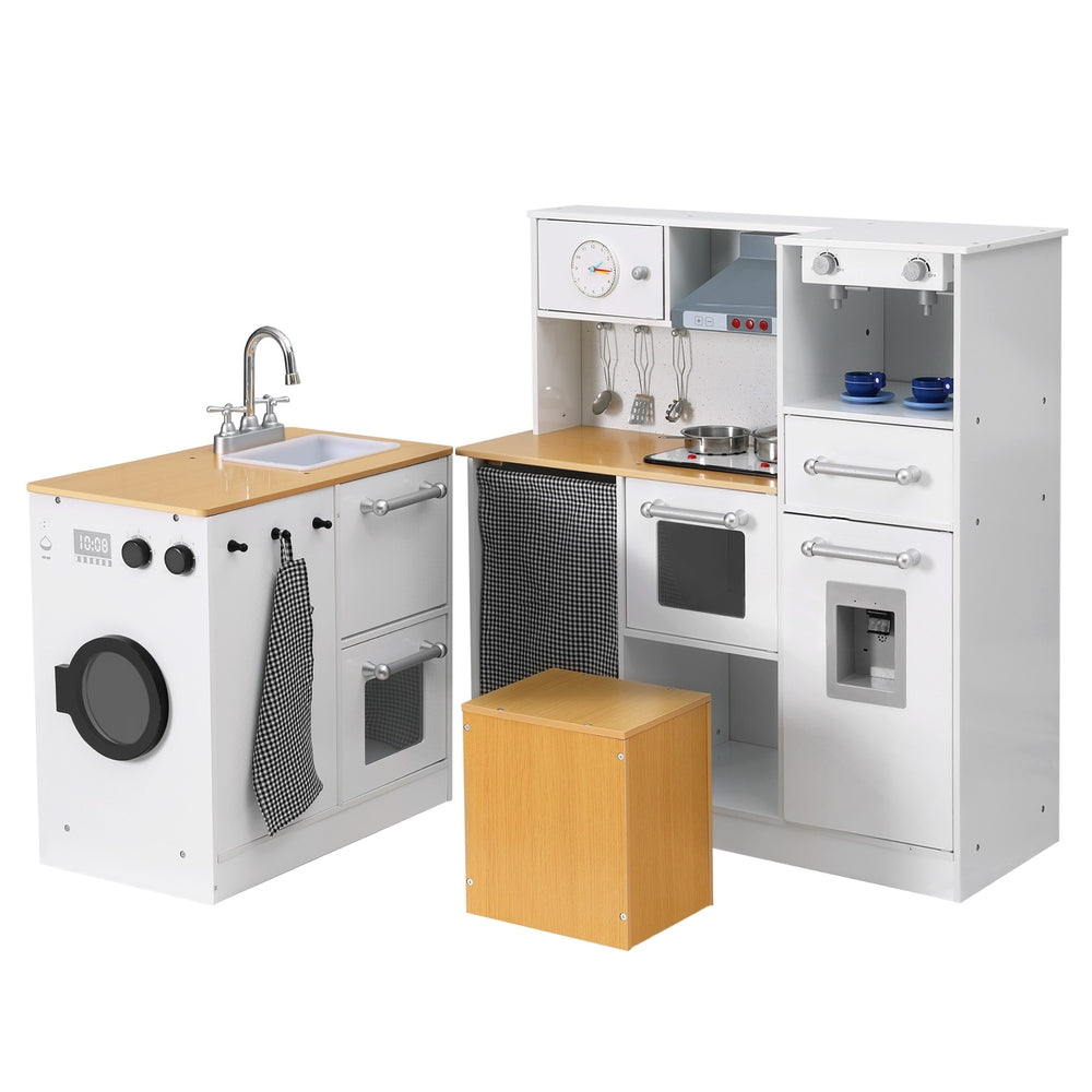 Keezi Kids Kitchen Playset 2-Piece Wooden Pretend Play Coffee Maker Toy 80CM White - Cosy Abode