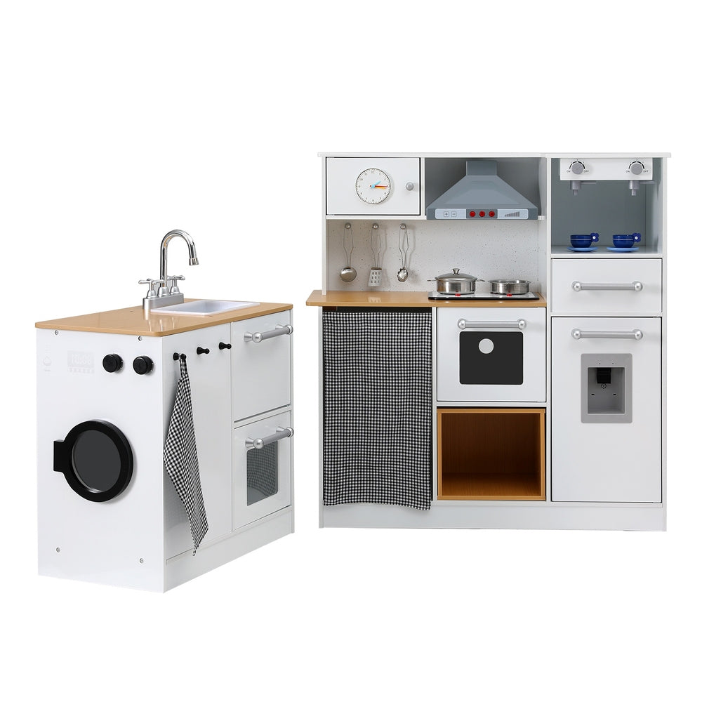 Keezi Kids Kitchen Playset 2-Piece Wooden Pretend Play Coffee Maker Toy 80CM White - Cosy Abode