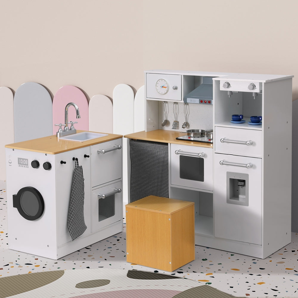 Keezi Kids Kitchen Playset 2-Piece Wooden Pretend Play Coffee Maker Toy 80CM White - Cosy Abode