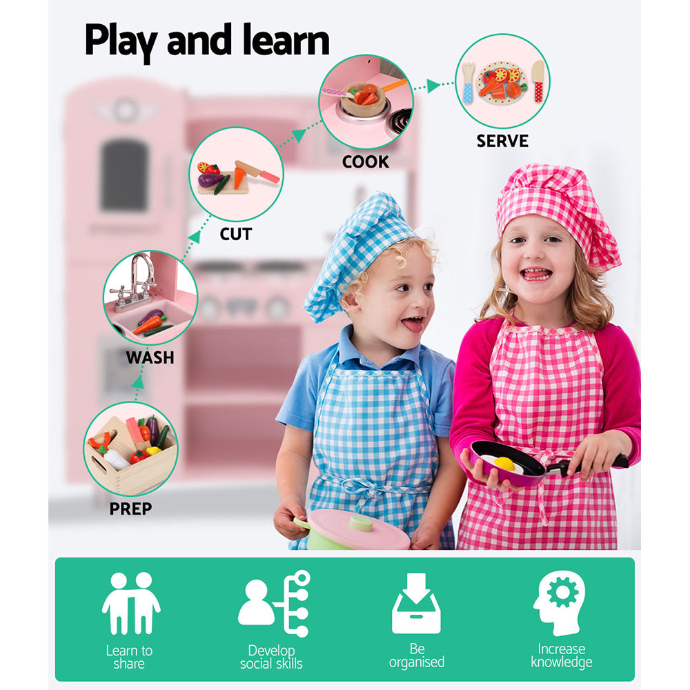 Keezi Kids Kitchen Play Set Wooden Pretend Toys Cooking Children Storage Pink - Cosy Abode