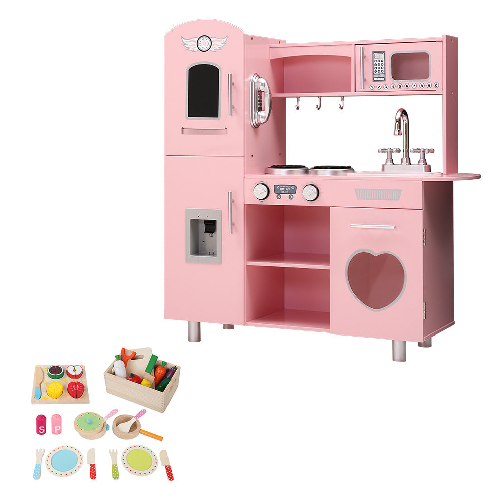 Keezi Kids Kitchen Play Set Wooden Pretend Toys Cooking Children Food Pink - Cosy Abode