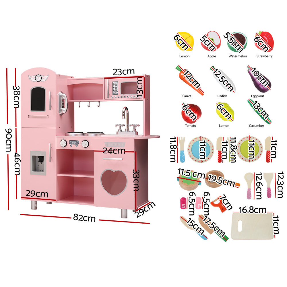 Keezi Kids Kitchen Play Set Wooden Pretend Toys Cooking Children Food Pink - Cosy Abode