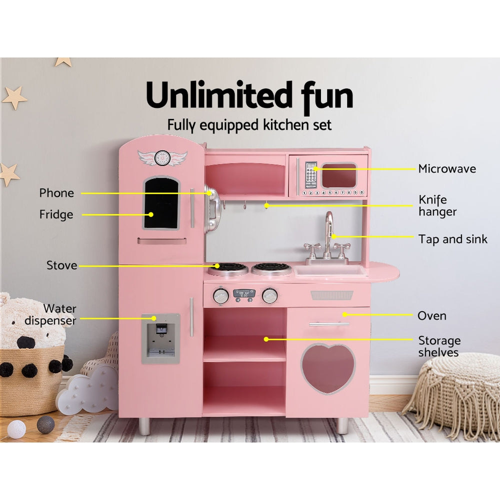 Keezi Kids Kitchen Play Set Wooden Pretend Toys Cooking Children Food Pink - Cosy Abode