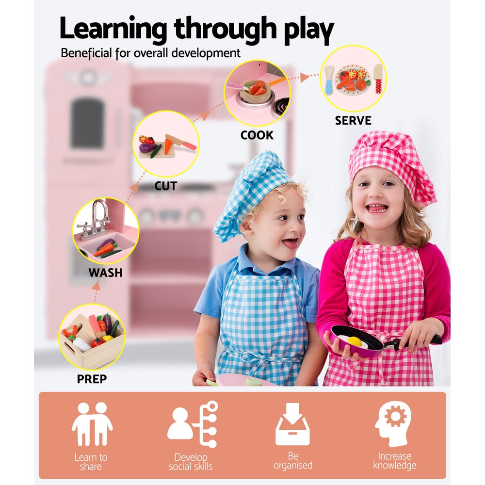 Keezi Kids Kitchen Play Set Wooden Pretend Toys Cooking Children Food Pink - Cosy Abode