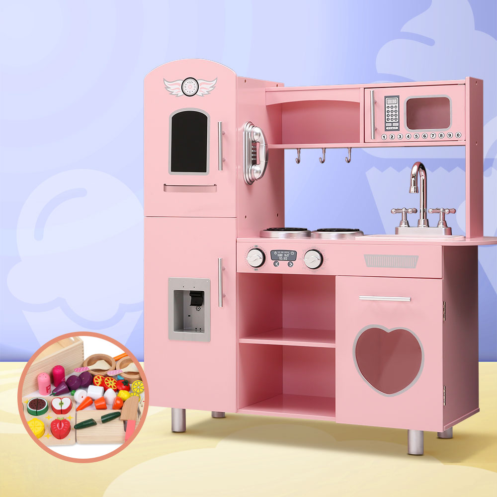 Keezi Kids Kitchen Play Set Wooden Pretend Toys Cooking Children Food Pink - Cosy Abode