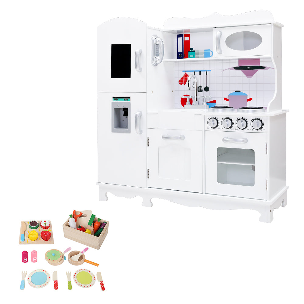 Keezi Kids Kitchen Play Set Wooden Pretend Toys Cooking Children Food White - Cosy Abode