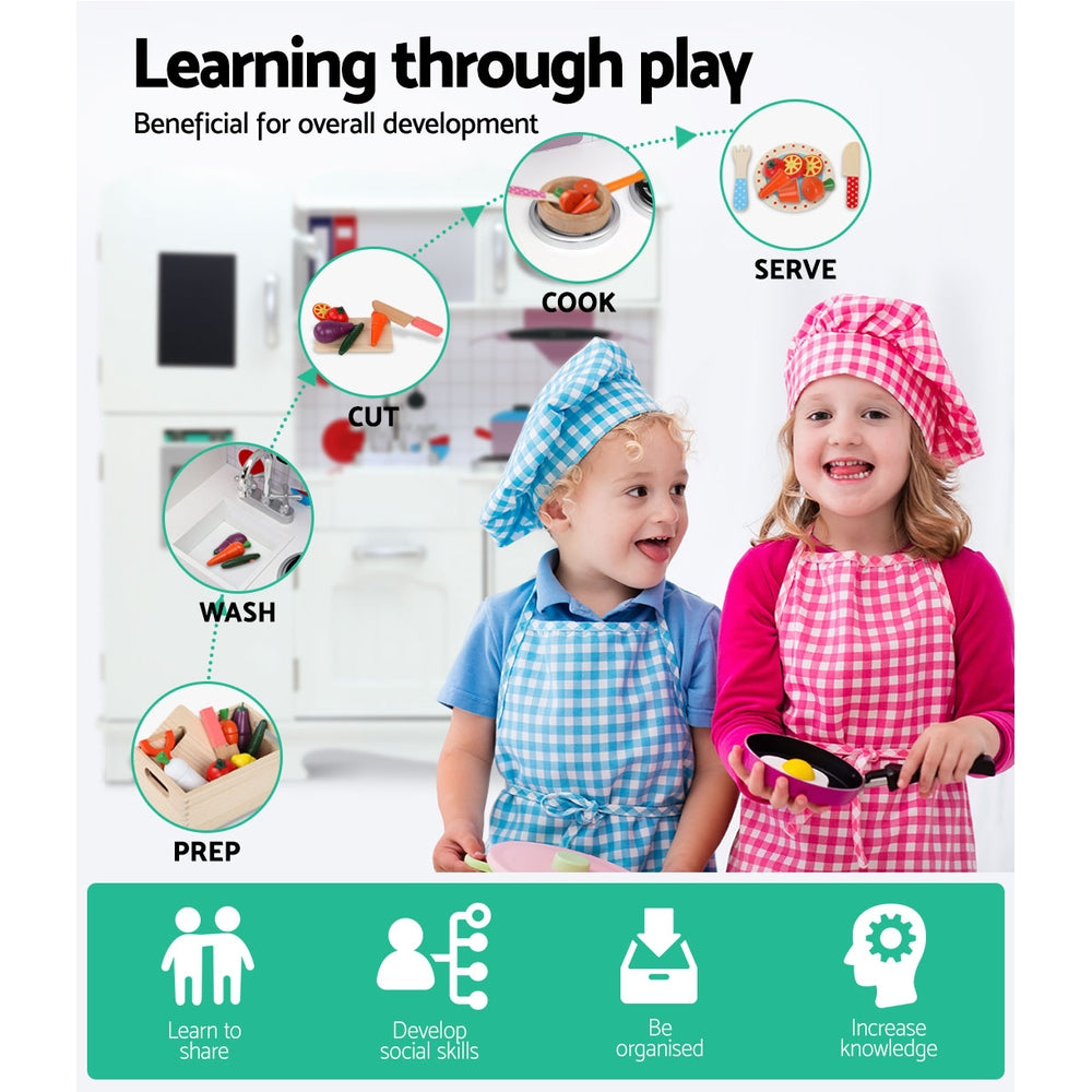 Keezi Kids Kitchen Play Set Wooden Pretend Toys Cooking Children Food White - Cosy Abode