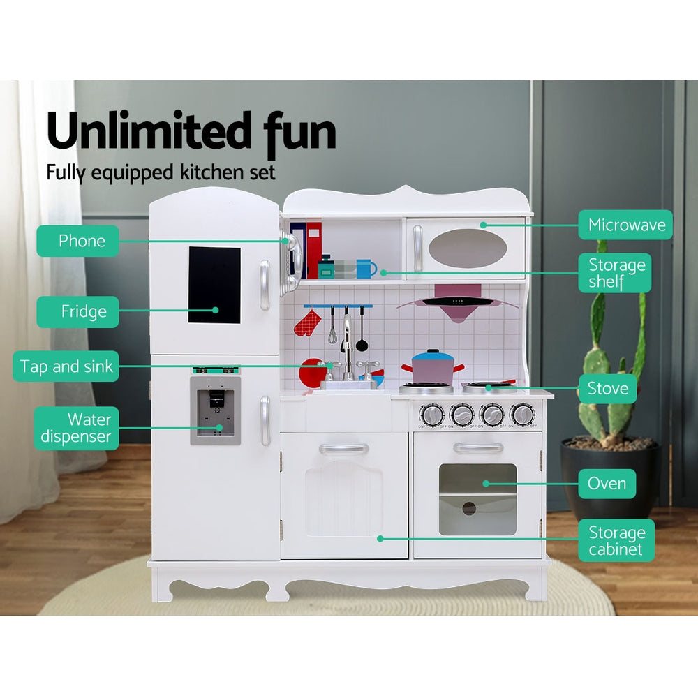 Keezi Kids Kitchen Play Set Wooden Pretend Toys Cooking Children Food White - Cosy Abode