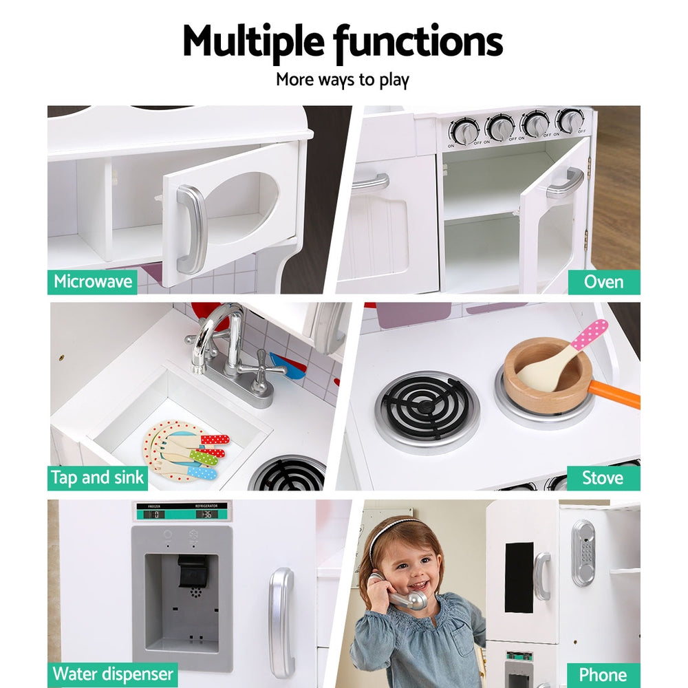 Keezi Kids Kitchen Play Set Wooden Pretend Toys Cooking Children Food White - Cosy Abode