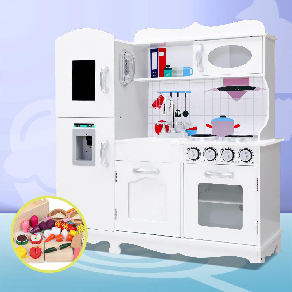Keezi Kids Kitchen Play Set Wooden Pretend Toys Cooking Children Food White - Cosy Abode