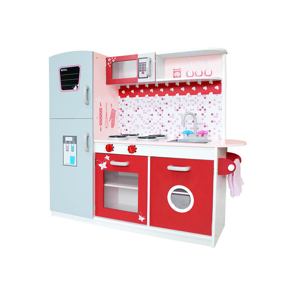 Keezi Kids Kitchen Play Set Wooden Pretend Toys Cooking Children Fridge Oven Red - Cosy Abode