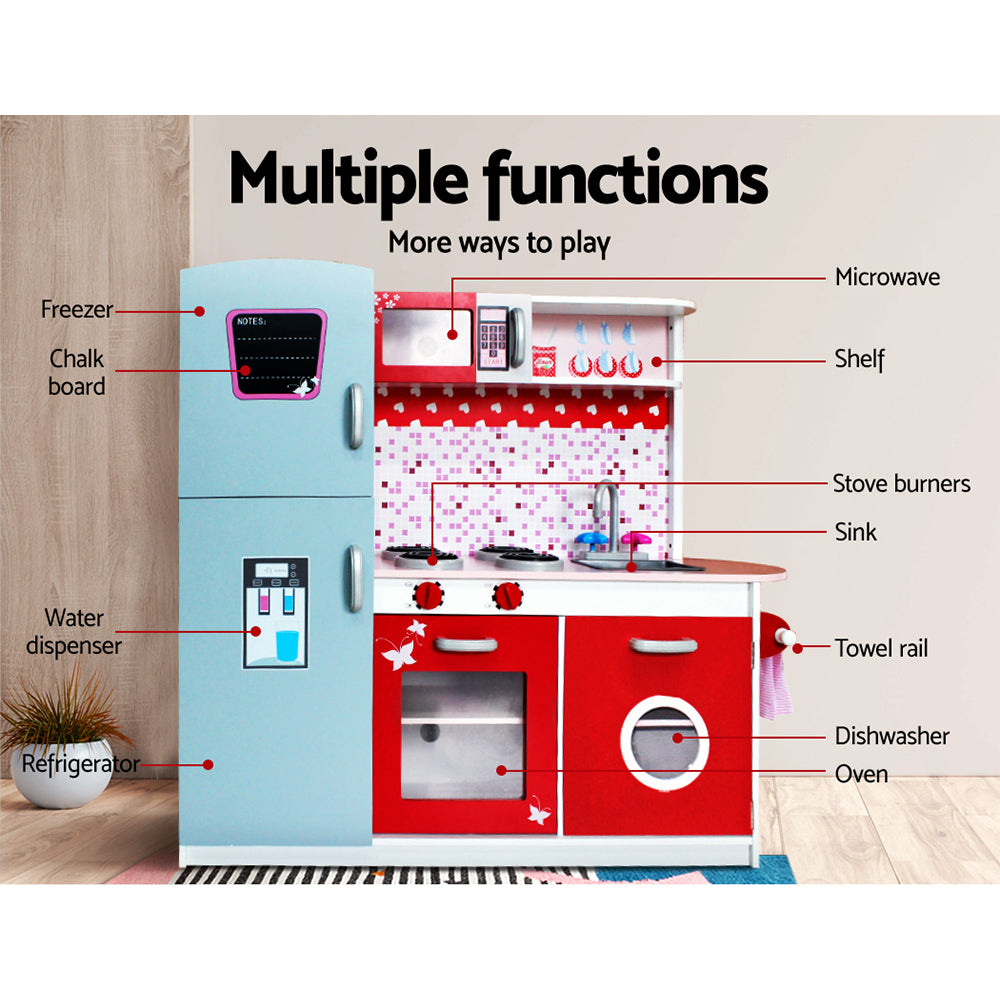 Keezi Kids Kitchen Play Set Wooden Pretend Toys Cooking Children Fridge Oven Red - Cosy Abode