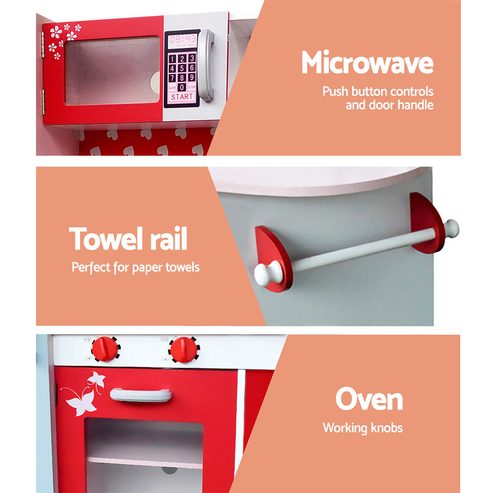 Keezi Kids Kitchen Play Set Wooden Pretend Toys Cooking Children Fridge Oven Red - Cosy Abode