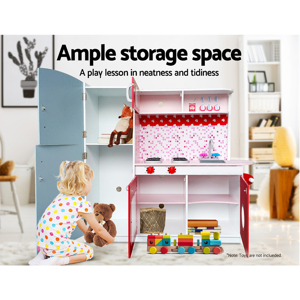 Keezi Kids Kitchen Play Set Wooden Pretend Toys Cooking Children Fridge Oven Red - Cosy Abode