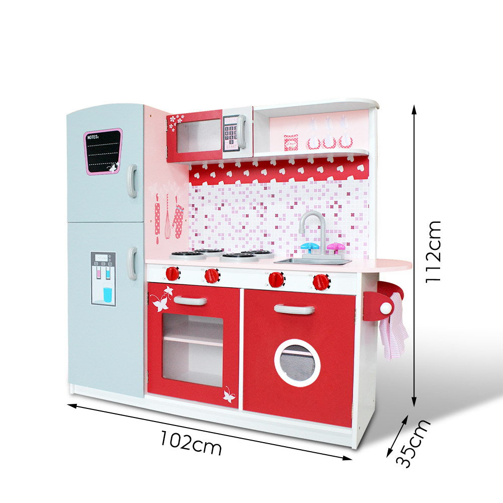 Keezi Kids Kitchen Play Set Wooden Pretend Toys Cooking Children Fridge Oven Red - Cosy Abode