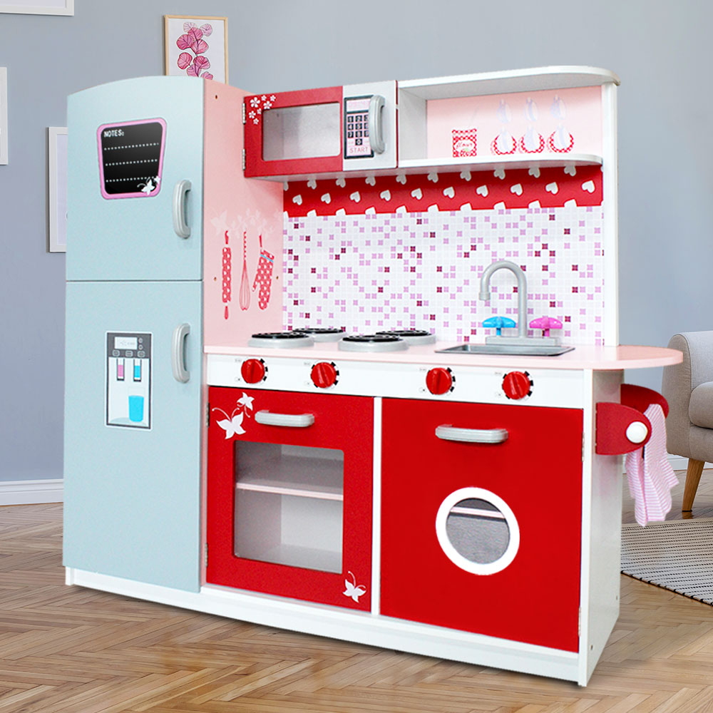 Keezi Kids Kitchen Play Set Wooden Pretend Toys Cooking Children Fridge Oven Red - Cosy Abode