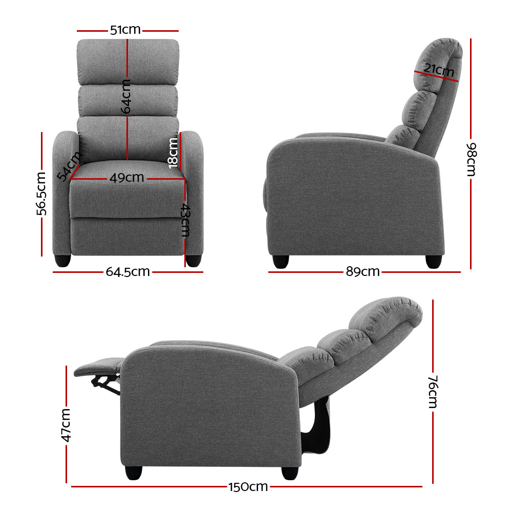 Artiss Recliner Armchair Grey Fabric Bolivia - Cosy Abode