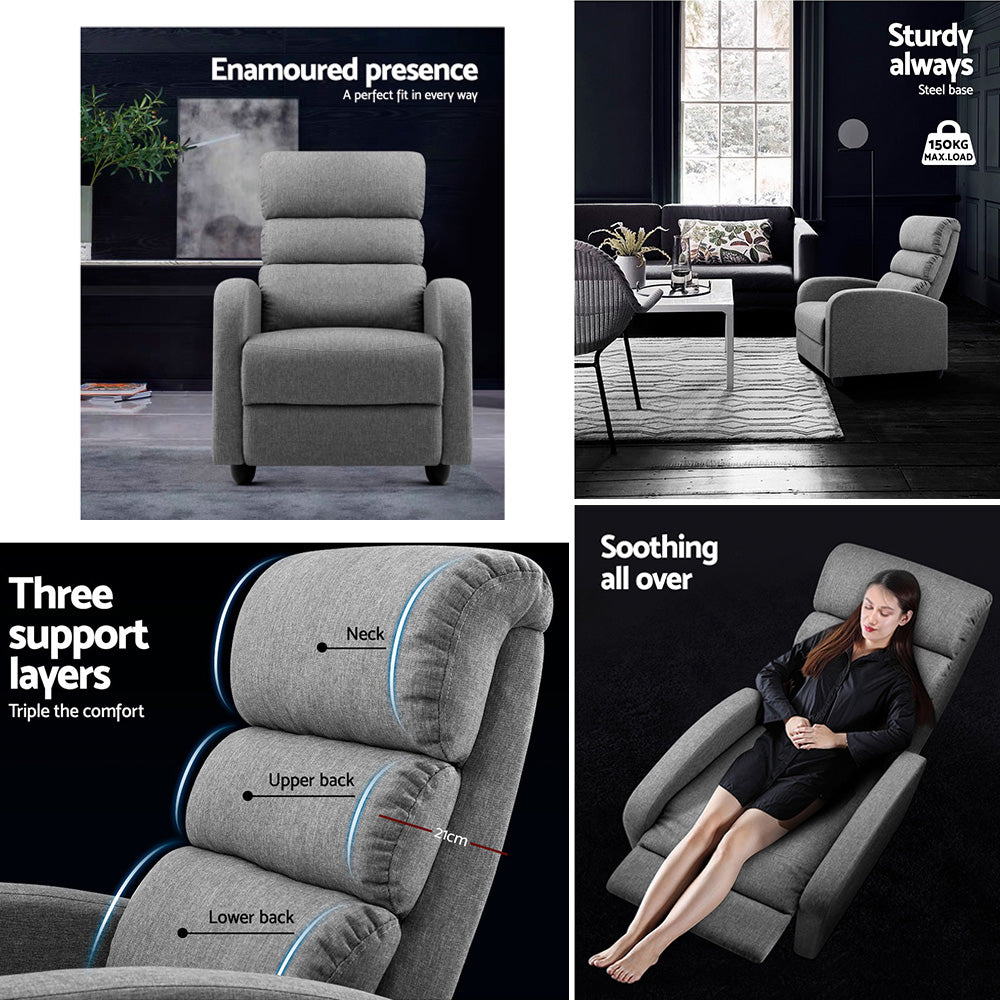Artiss Recliner Armchair Grey Fabric Bolivia - Cosy Abode
