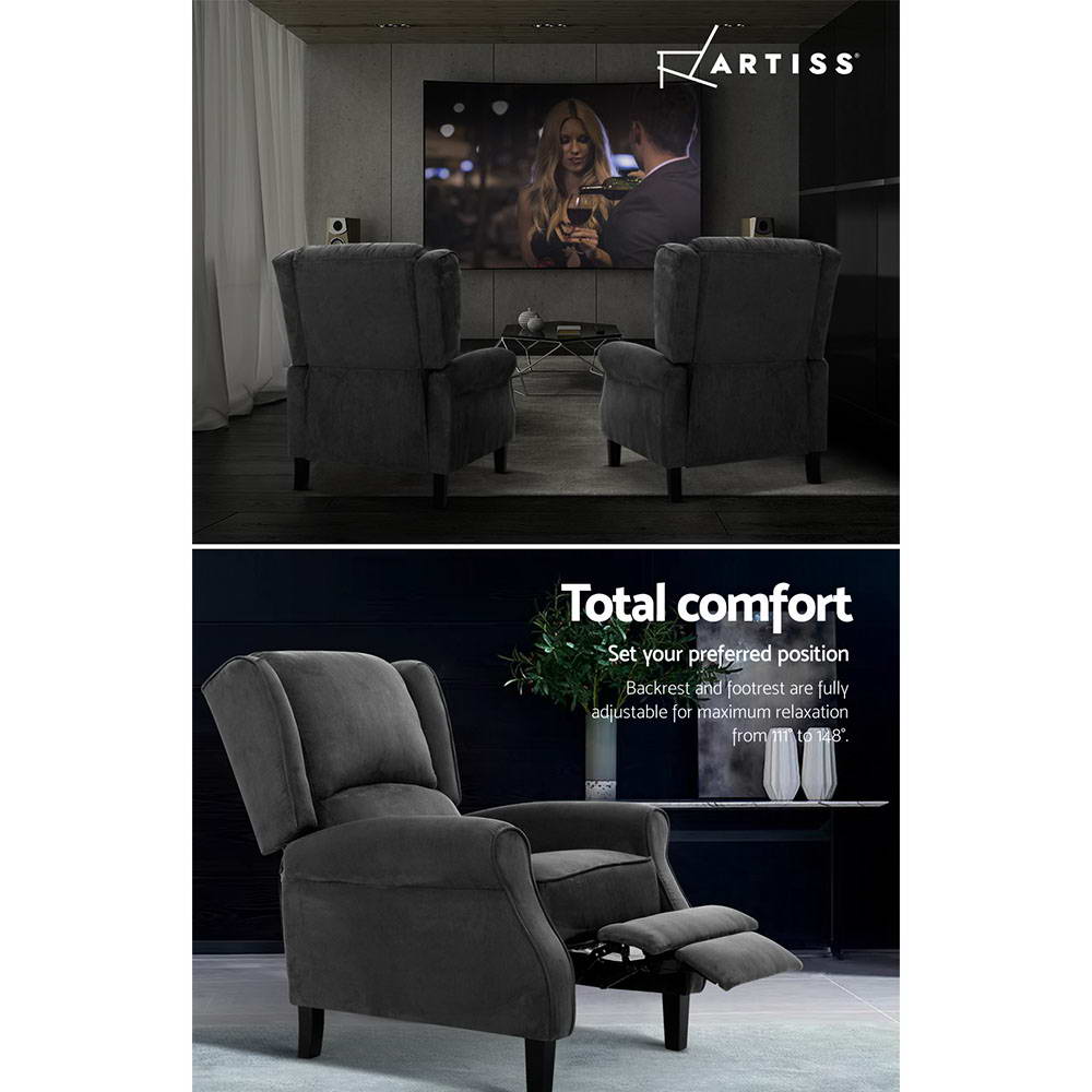 Artiss Recliner Chair Adjustable Sofa Lounge Soft Suede Armchair Couch Charcoal - Cosy Abode
