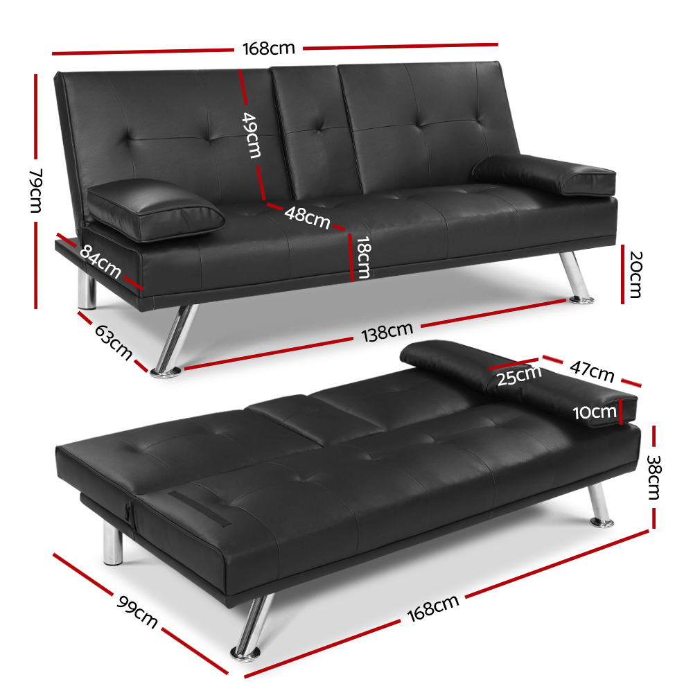 Artiss Sofa Bed 168CM Black PU Leather - Cosy Abode