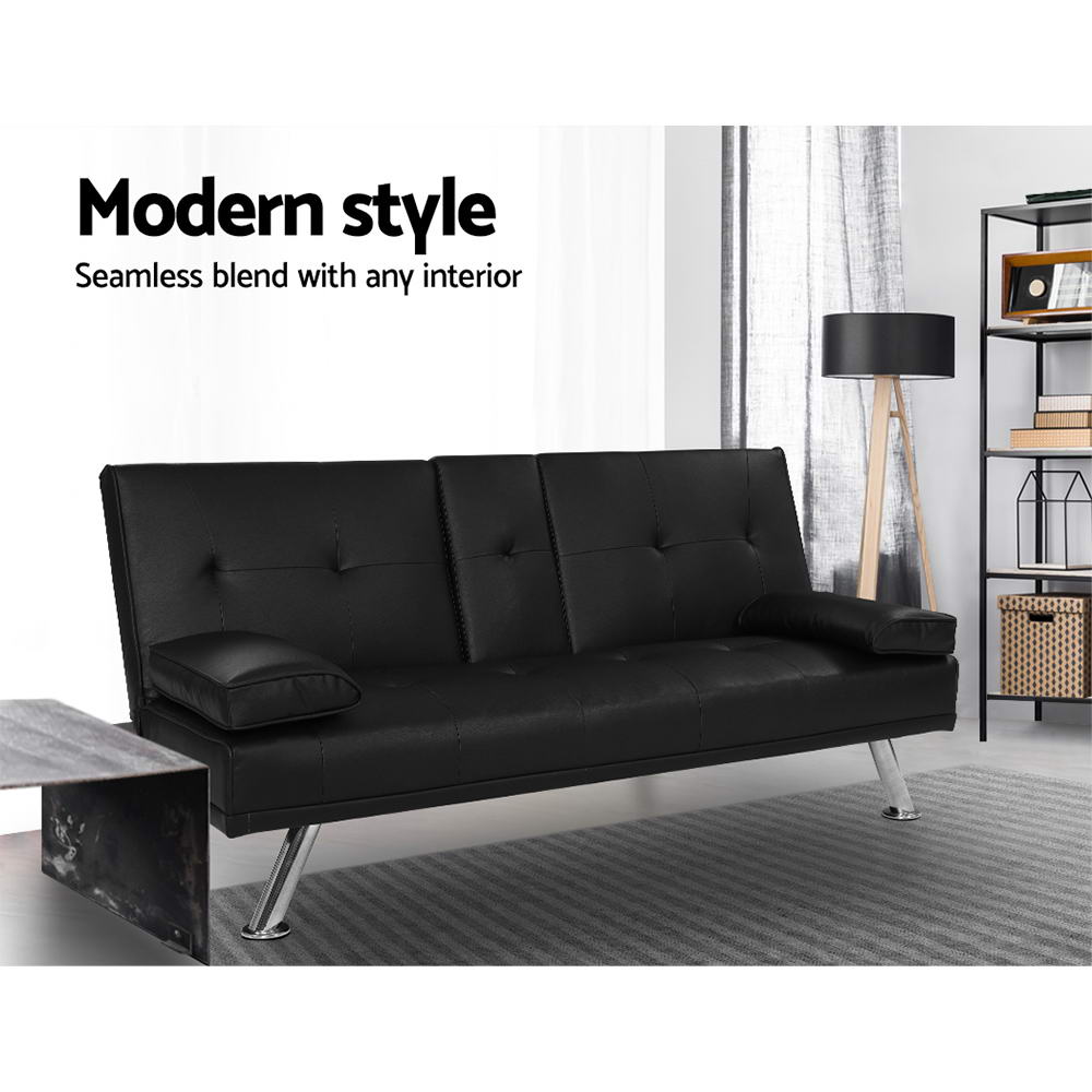 Artiss Sofa Bed 168CM Black PU Leather - Cosy Abode