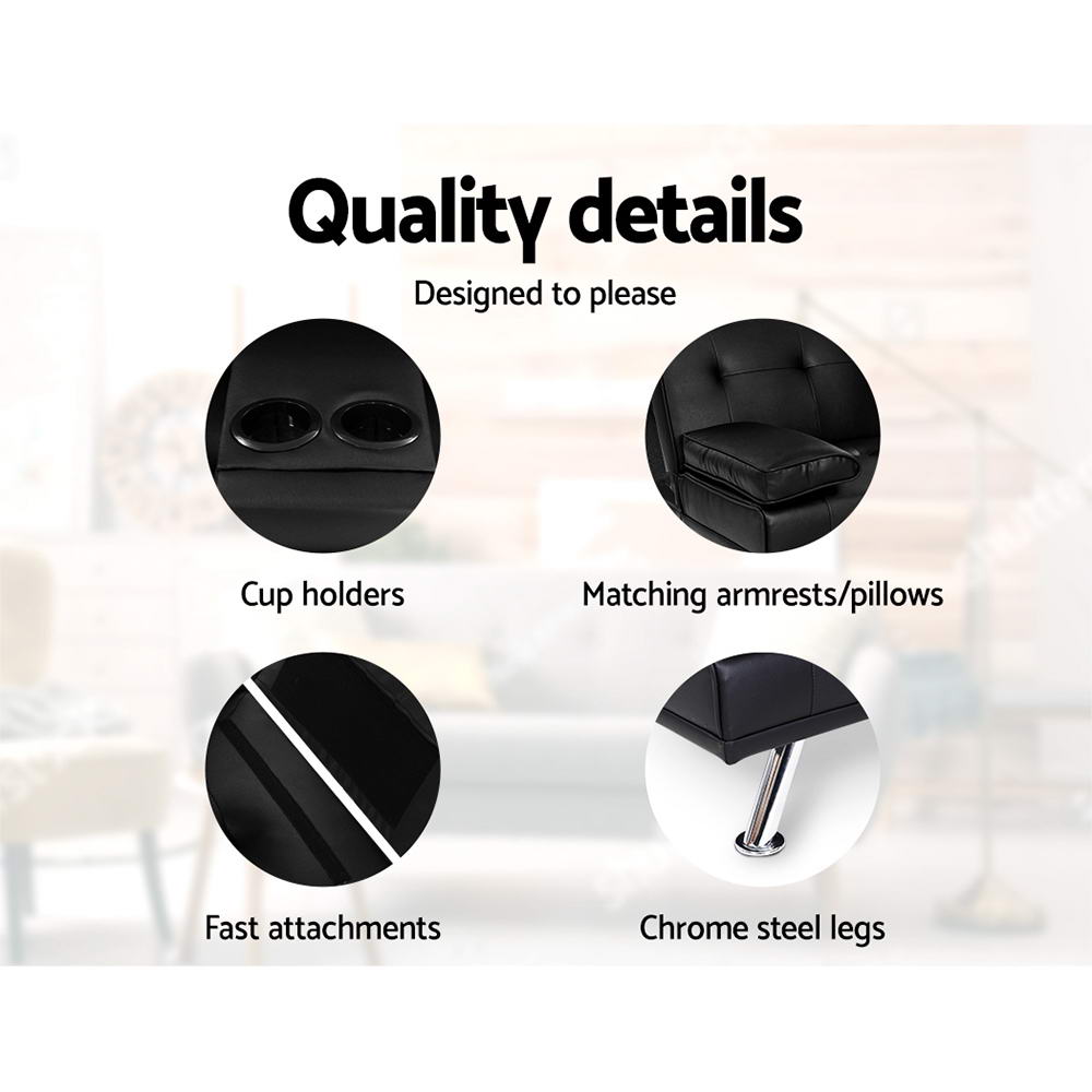 Artiss Sofa Bed 168CM Black PU Leather - Cosy Abode