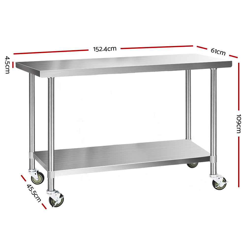 Cefito 1524x610mm Stainless Steel Kitchen Bench with Wheels 304 - Cosy Abode