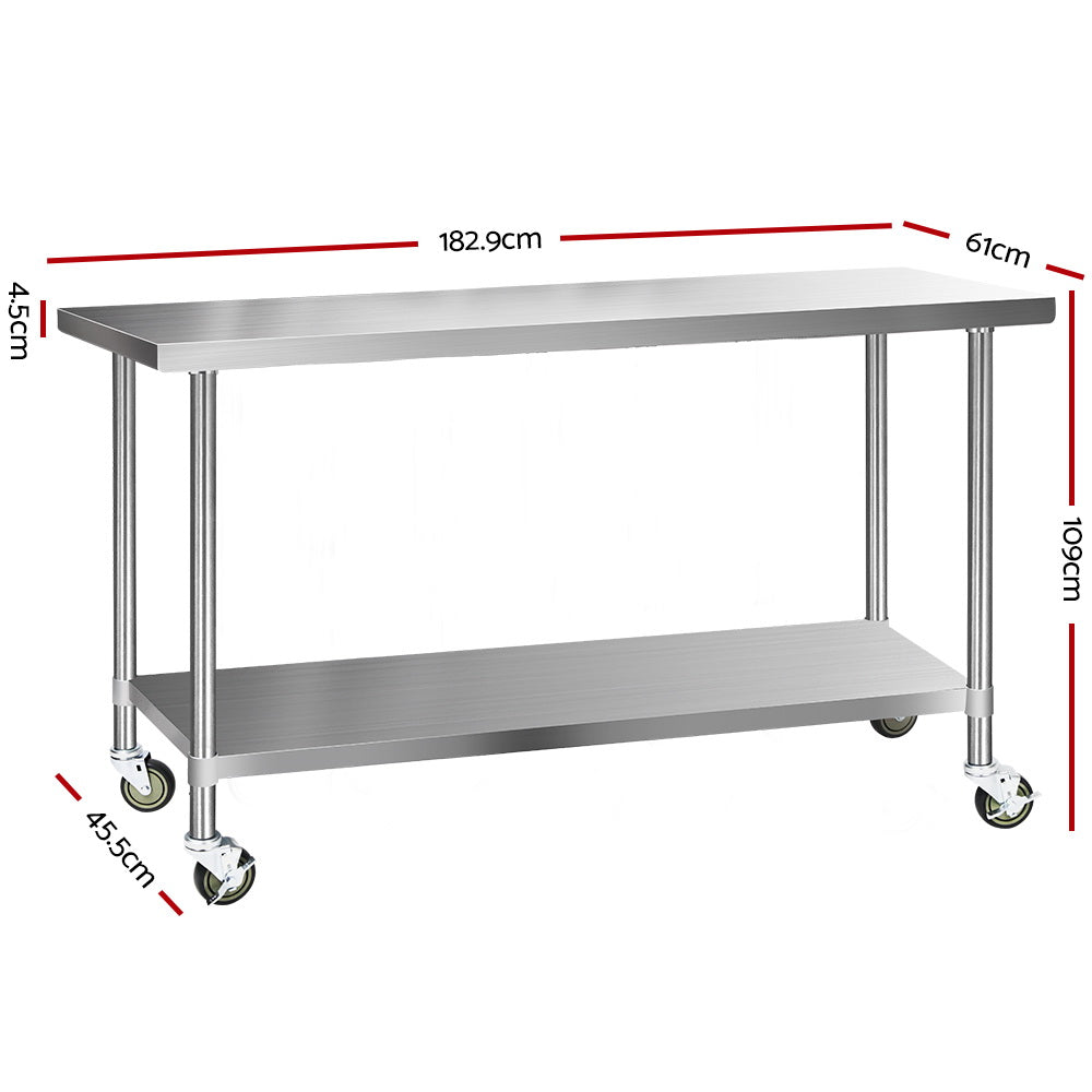 Cefito 1829x610mm Stainless Steel Kitchen Bench with Wheels 304 - Cosy Abode