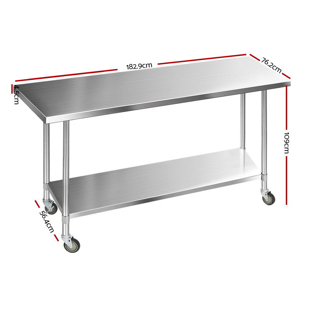 Cefito 1829x760mm Stainless Steel Kitchen Bench with Wheels 430 - Cosy Abode