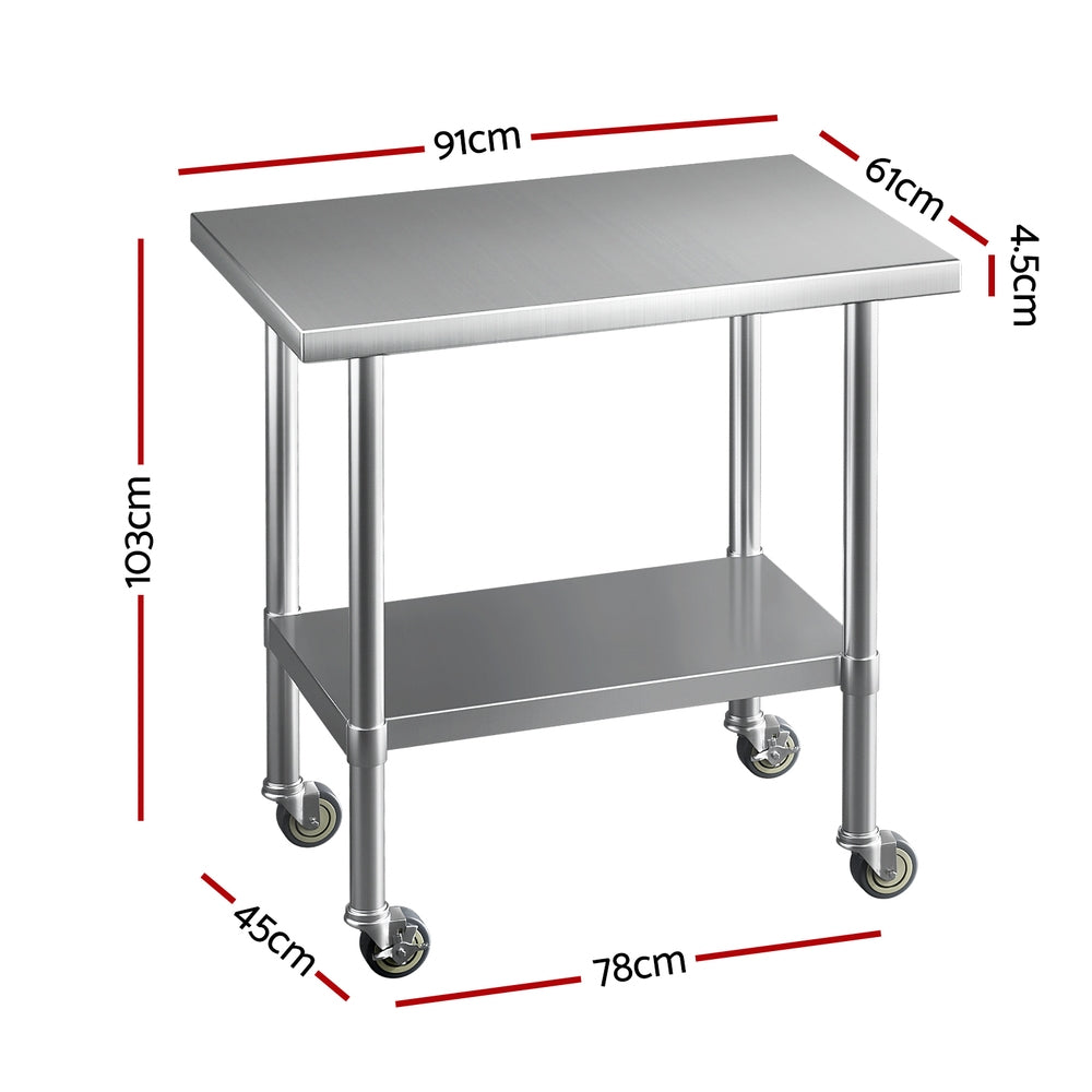 Cefito Stainless Steel Kitchen Benches Work Bench Wheels 91X61CM 430 - Cosy Abode