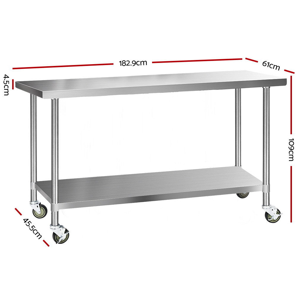 Cefito 1829x610mm Stainless Steel Kitchen Bench with Wheels 430 - Cosy Abode