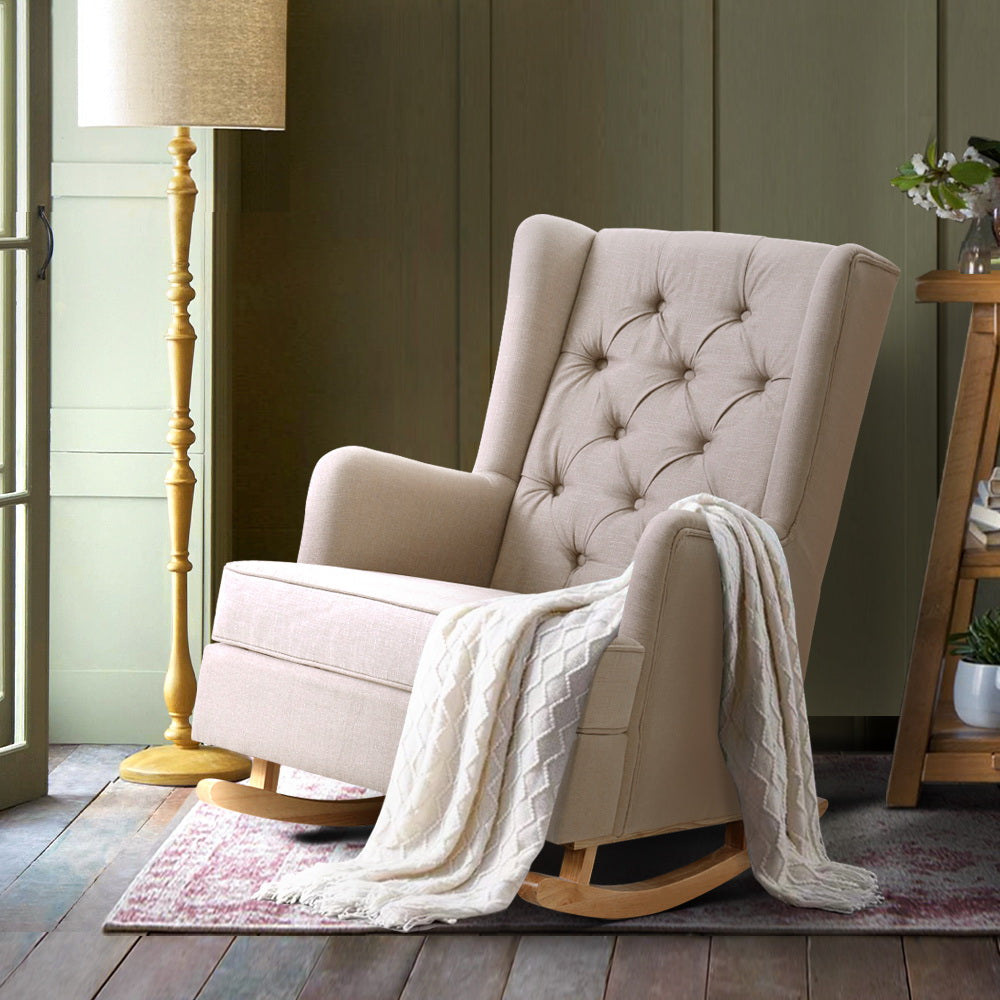 Artiss Rocking Chair Armchair Linen Fabric Beige Gaia - Cosy Abode