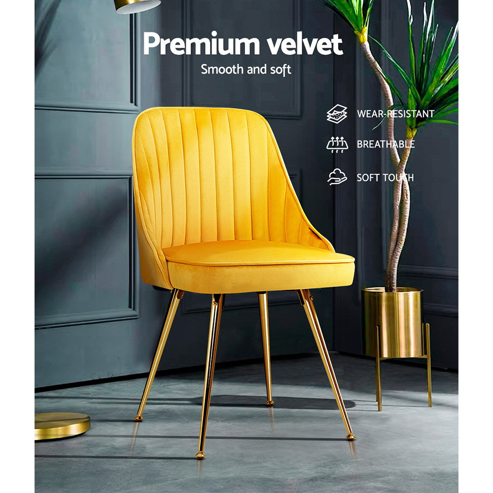 Artiss Dining Chairs Set of 2 Velvet Channel Tufted Yellow - Cosy Abode